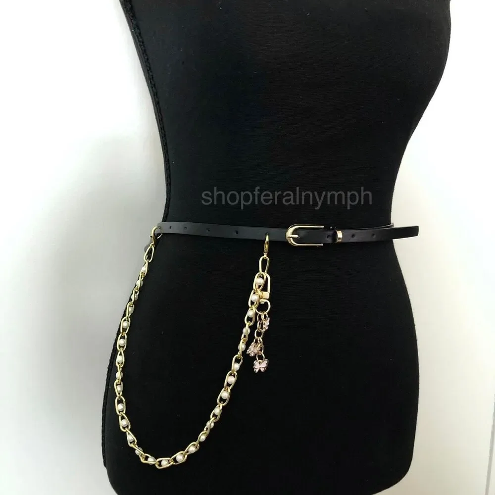 Vintage Y2K Coquette Butterfly Pearl Chain Belt, Fits 33.5–36 Inches, X7GA1194